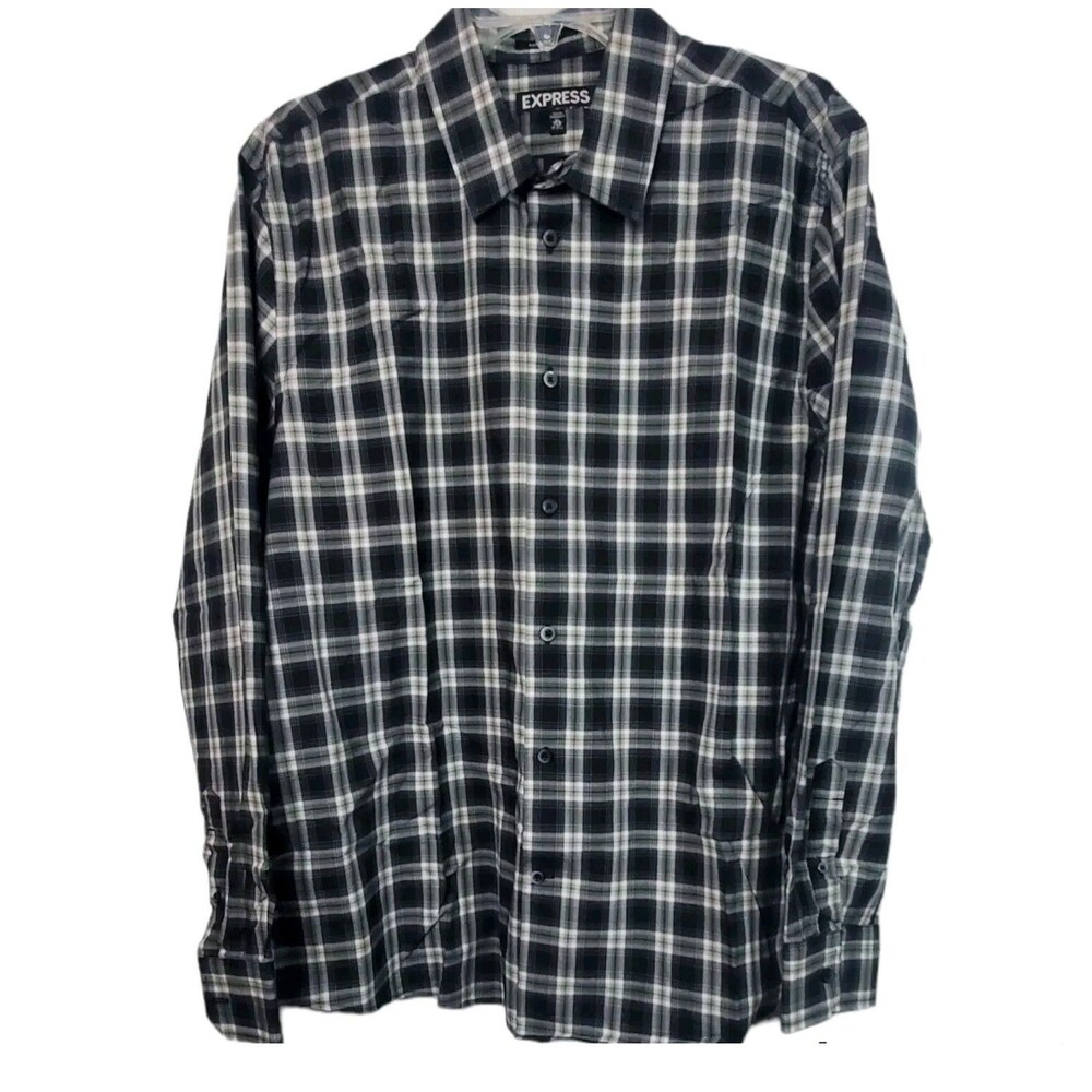 Express Button Up Shirt Mens XL Black Gray Plaid Modern Fit Neck 17.5 Casual